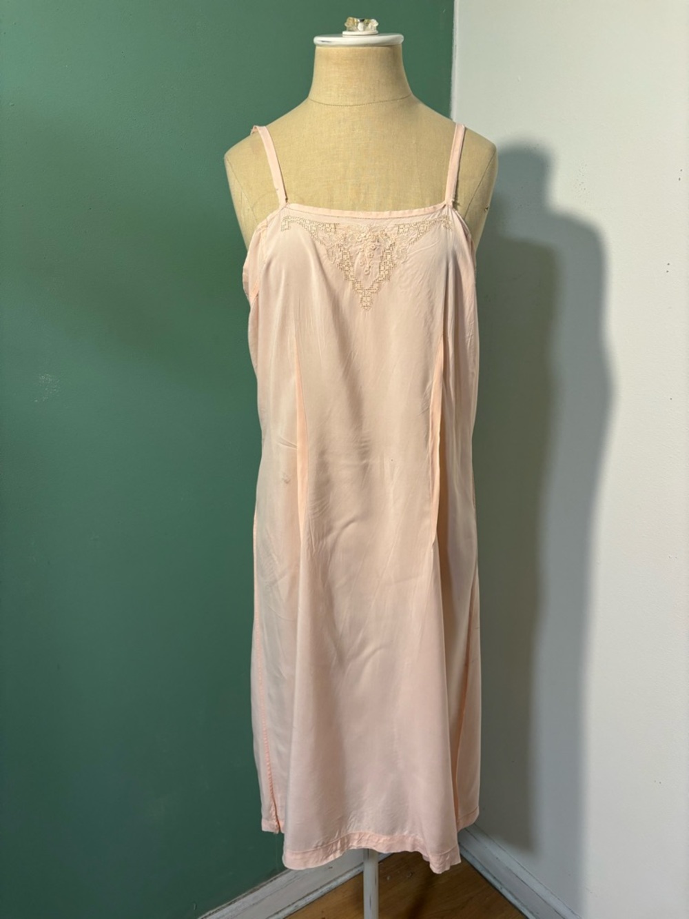 Vintage 1920’s Silk Cotton Blush Lace-Trim Slip - Women's Chemise